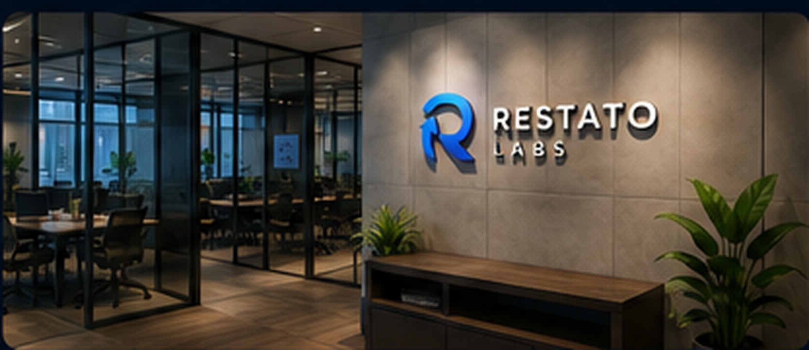 Restato Labs 로고가 설치된 어두운 톤의 오피스 공간